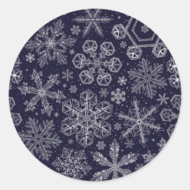 White Snowflakes on blue Classic Round Sticker (Front)