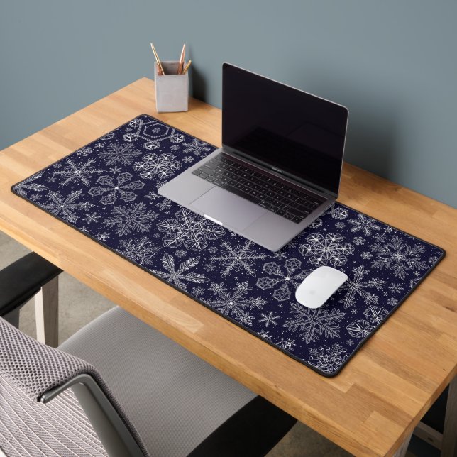 White Snowflakes on blue Desk Mat (Office 2)