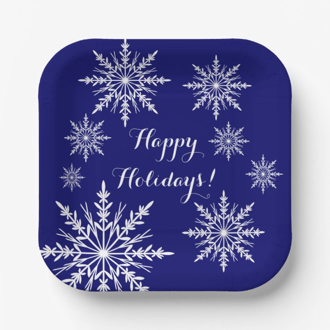 White Snowflakes on Blue Happy Holidays Paper Plate (Front)