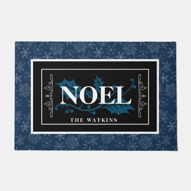 White Snowflakes on Blue , NOEL, Personalised Doormat (Front)