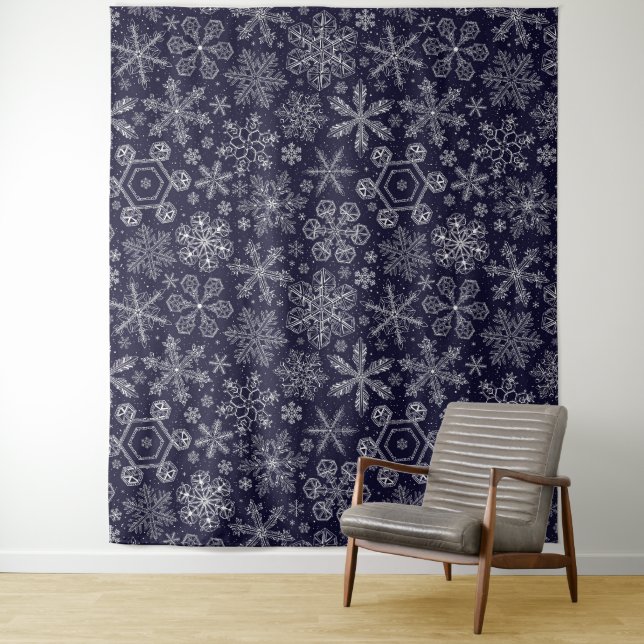 White Snowflakes on blue Tapestry (In Situ)