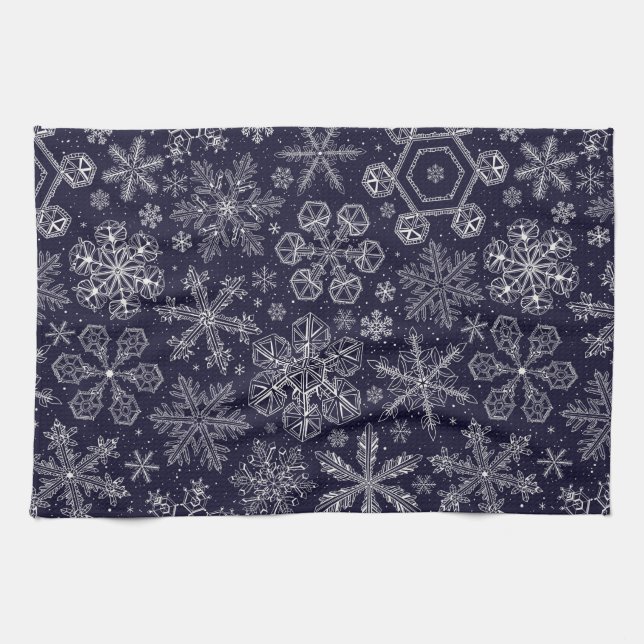 White Snowflakes on blue Tea Towel (Horizontal)