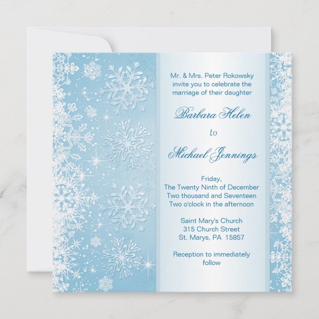 White snowflakes on blue Wedding Invitation (Front)