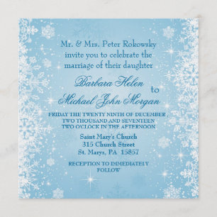 White snowflakes on blue Wedding Invitation