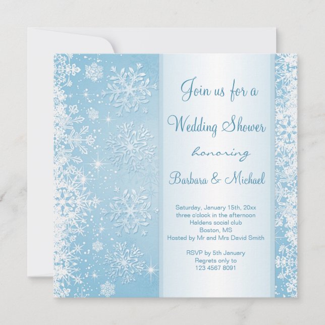White snowflakes on blue Wedding Shower Invitation (Front)