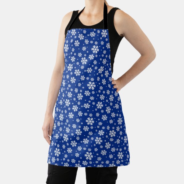 White Snowflakes on Dark Blue Winter Pattern Apron (Insitu)