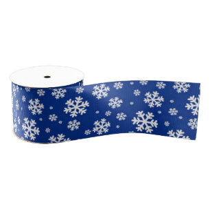 White Snowflakes on Dark Blue Winter Pattern Grosgrain Ribbon