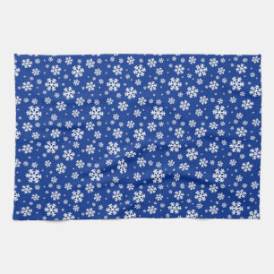 White Snowflakes on Dark Blue Winter Pattern Tea Towel