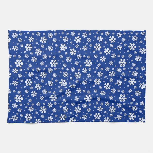 White Snowflakes on Dark Blue Winter Pattern Tea Towel (Horizontal)