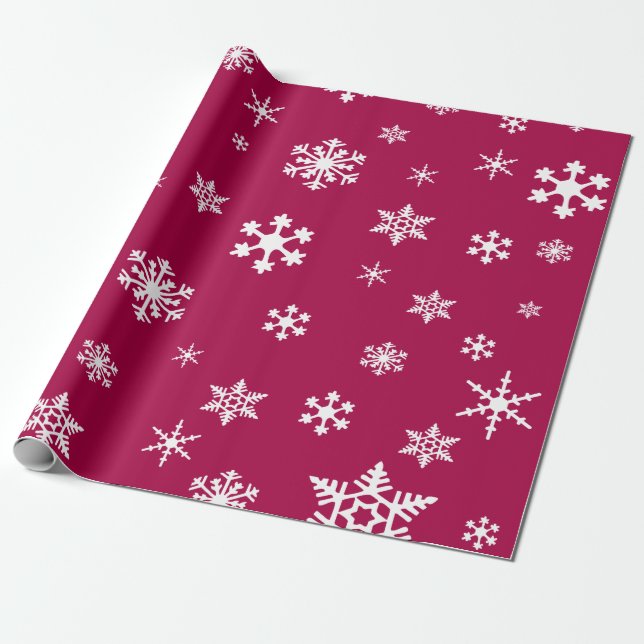 White Snowflakes on Dark Raspberry Pink, Holiday Wrapping Paper (Unrolled)