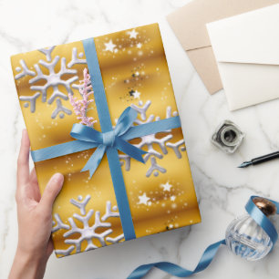 White Snowflakes on Gold Christmas Wrapping Paper