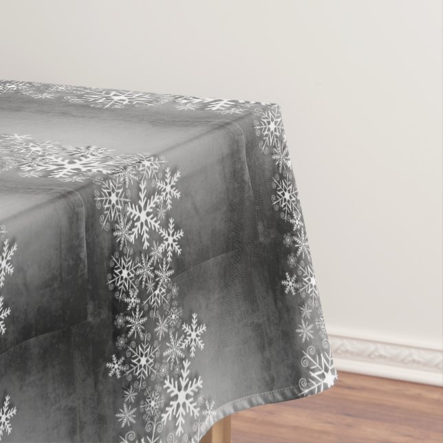 White snowflakes on gray, christmas tablecloth (In Situ)