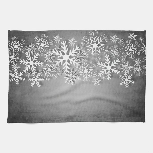 White snowflakes on gray kitchen towel (Horizontal)