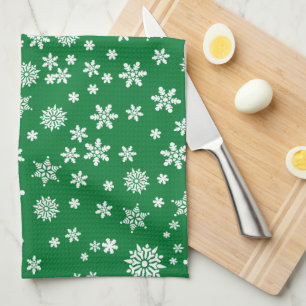 White Snowflakes on Green Christmas Tea Towel