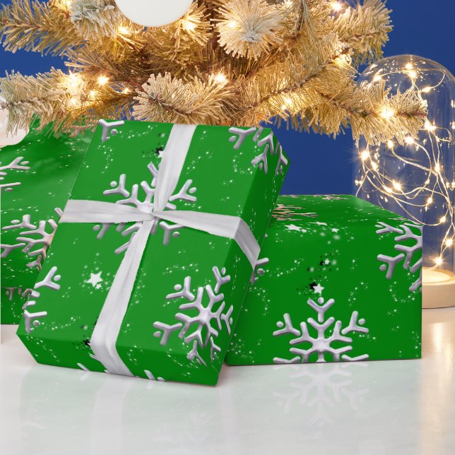 White Snowflakes on Green Christmas Wrapping Paper (Holidays)