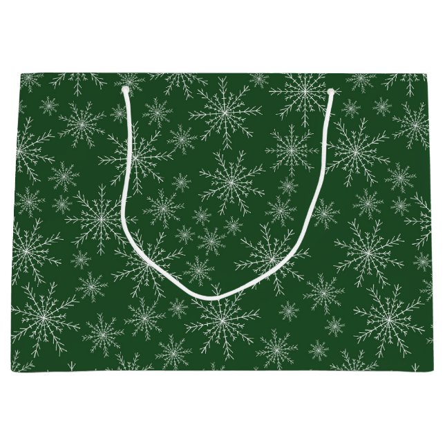White Snowflakes on Green Holiday Large Gift Bag (Front)