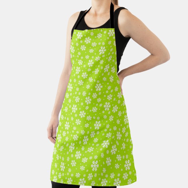 White Snowflakes on Green Winter Pattern Apron (Insitu)