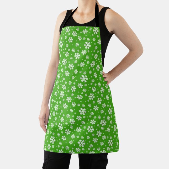 White Snowflakes on Green Winter Pattern Apron (Insitu)