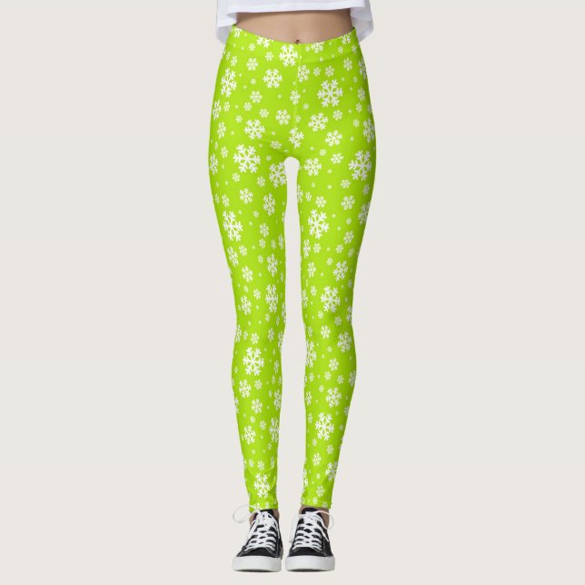 White Snowflakes on Green Winter Pattern Leggings (Front)