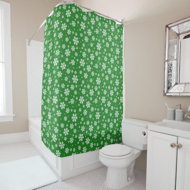 White Snowflakes on green Winter Pattern Shower Curtain (In Situ)