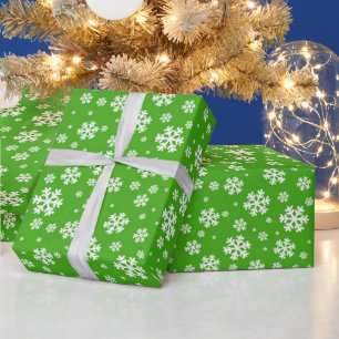 White Snowflakes on Green Winter Pattern Wrapping Paper