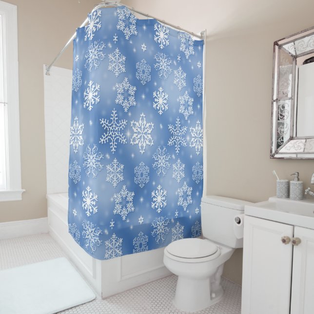 White Snowflakes On Icy Blue Shower Curtain (In Situ)