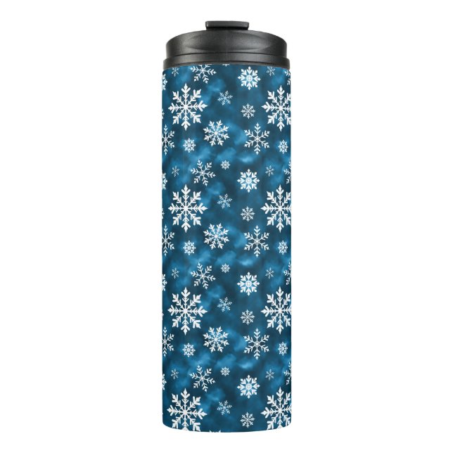 White Snowflakes On Icy Blue Winter Background Thermal Tumbler (Front)