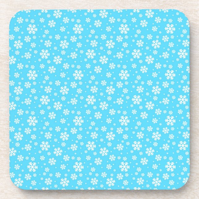 White Snowflakes on Light Blue Winter Pattern Coaster (Front)