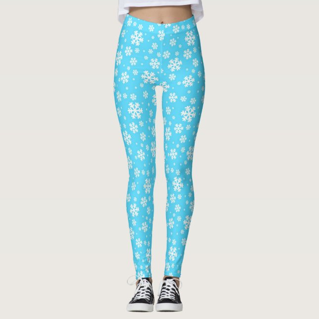 White Snowflakes on Light Blue Winter Pattern Leggings (Front)