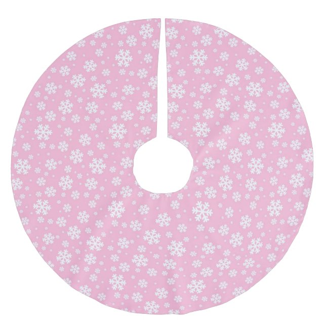 White Snowflakes on Light Pink Winter Pattern Brushed Polyester Tree Skirt (Front)