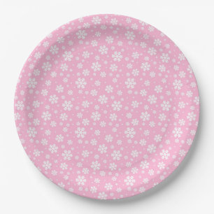 White Snowflakes on Light Pink Winter Pattern Paper Plate