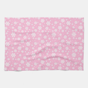 White Snowflakes on Light Pink Winter Pattern Tea Towel