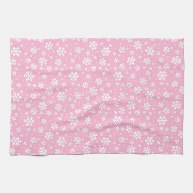 White Snowflakes on Light Pink Winter Pattern Tea Towel (Horizontal)