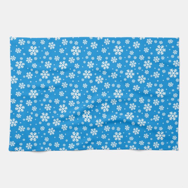 White Snowflakes on Mid Blue Winter Pattern Tea Towel (Horizontal)
