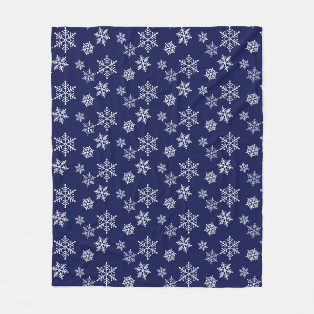 White Snowflakes on Navy Blue Fleece Blanket (Front)