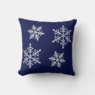 White Snowflakes on Navy Blue Throw Pillow