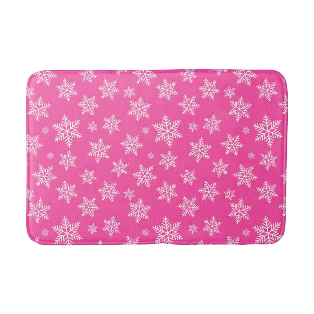 White Snowflakes on Pink Winter Pattern Bath Mat (Front)