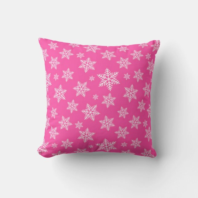 White Snowflakes on Pink Winter Pattern Cushion (Front)