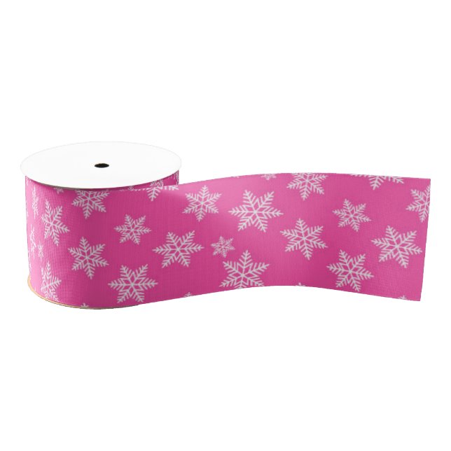 White Snowflakes on Pink Winter Pattern Grosgrain Ribbon (Spool)