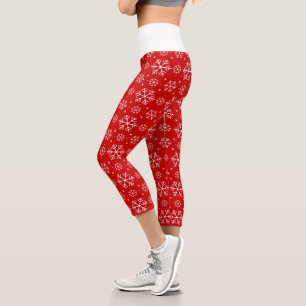 White Snowflakes on Red Background Christmas Capri Leggings