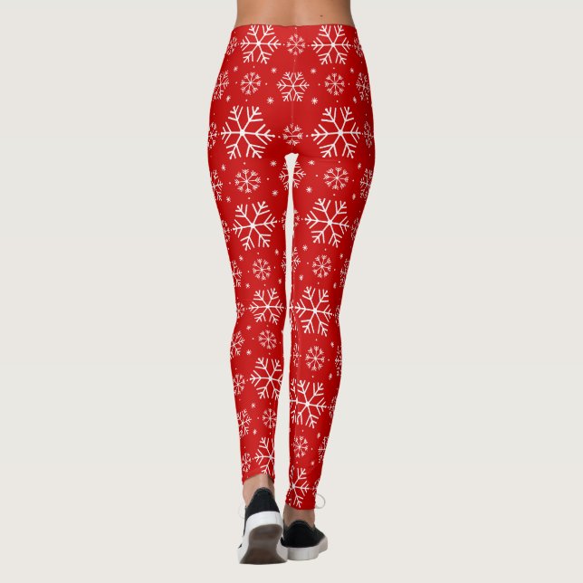 White Snowflakes on Red Background Christmas Leggings (Back)