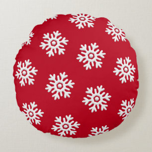 White snowflakes on red background Christmas Round Cushion