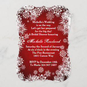 White snowflakes on red Christmas Bridal Shower Invitation