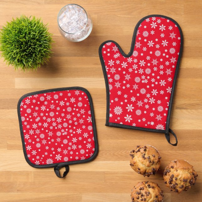 White Snowflakes on Red Christmas Oven Mitt & Pot Holder Set (Top Down)