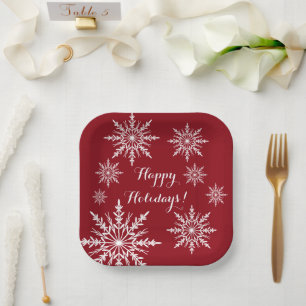 White Snowflakes on Red Happy Holidays Paper Plate