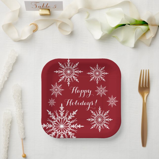 White Snowflakes on Red Happy Holidays Paper Plate (Wedding)