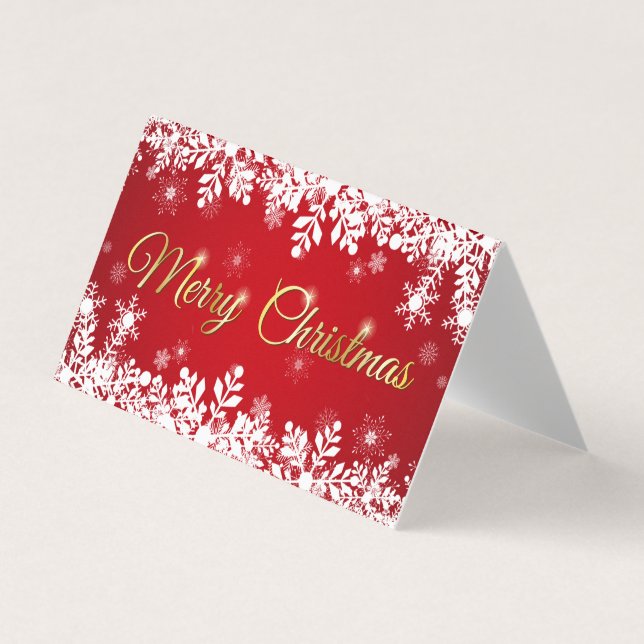 White snowflakes on red Merry Christmas Business Card (Front)