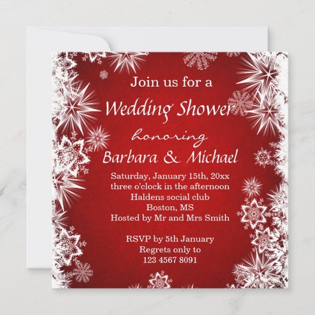 White snowflakes on red Wedding Shower Invitation (Front)