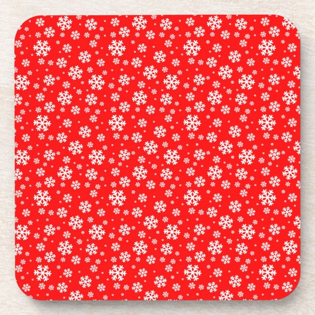 White Snowflakes on Red Winter Pattern Coaster (Front)