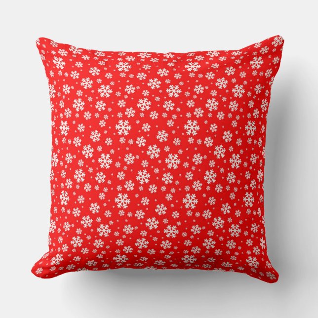 White Snowflakes on Red Winter Pattern Cushion (Front)